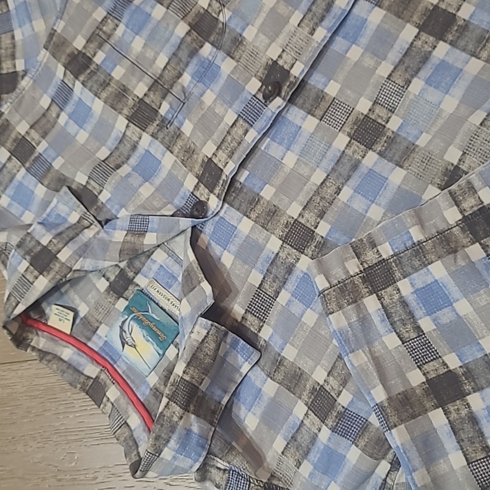 Tommy Bahama Shirt Men's sz L Blue/Grey Plaid Island Modern Fit Button Up Shirt